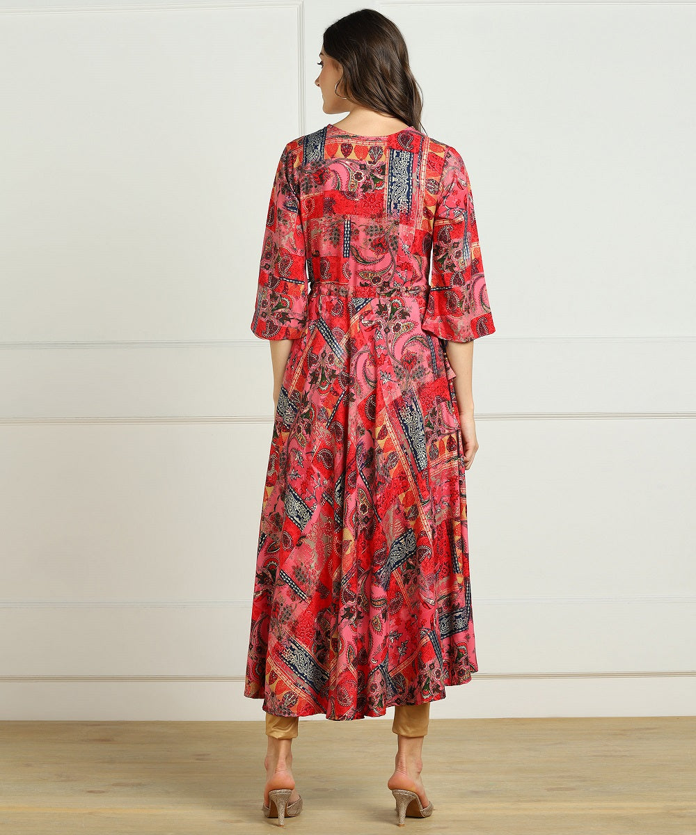 Premium Rayon Multi Ethnic Print Flared Kurta - Red