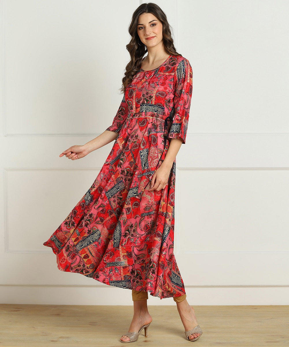 Premium Rayon Multi Ethnic Print Flared Kurta - Red