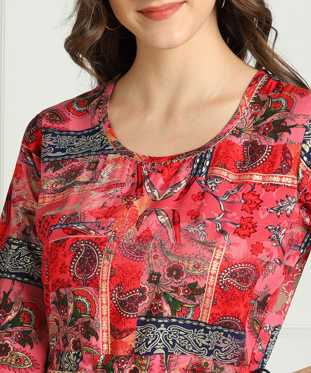 Premium Rayon Multi Ethnic Print Flared Kurta - Red