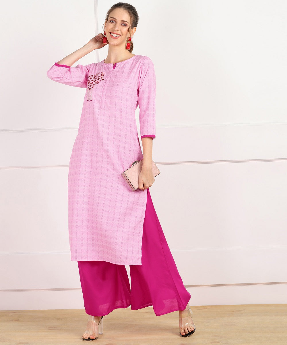 Cotton Self Woven Straight Kurta with HandWork - Pink