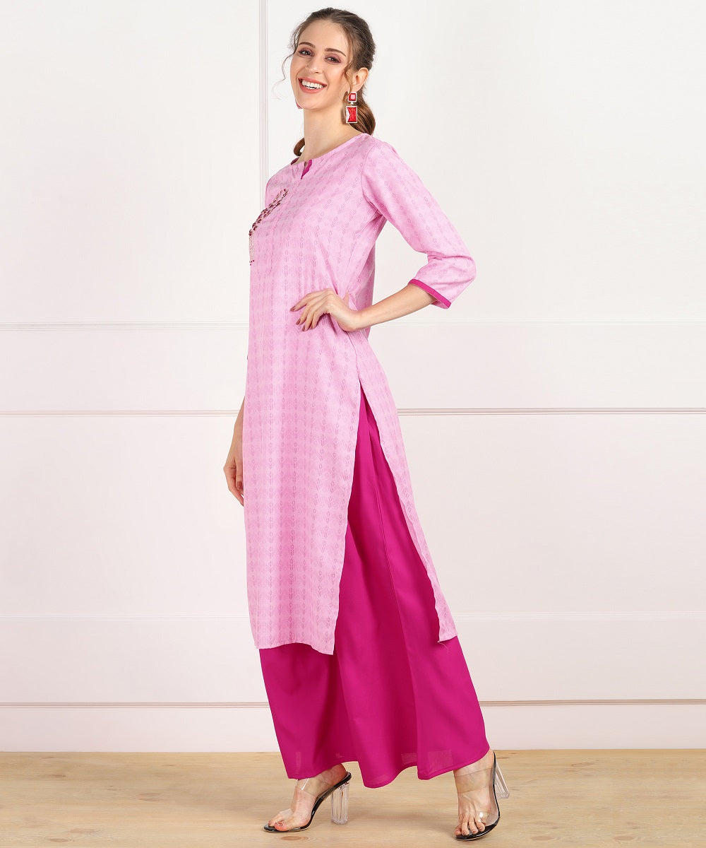 Cotton Self Woven Straight Kurta with HandWork - Pink