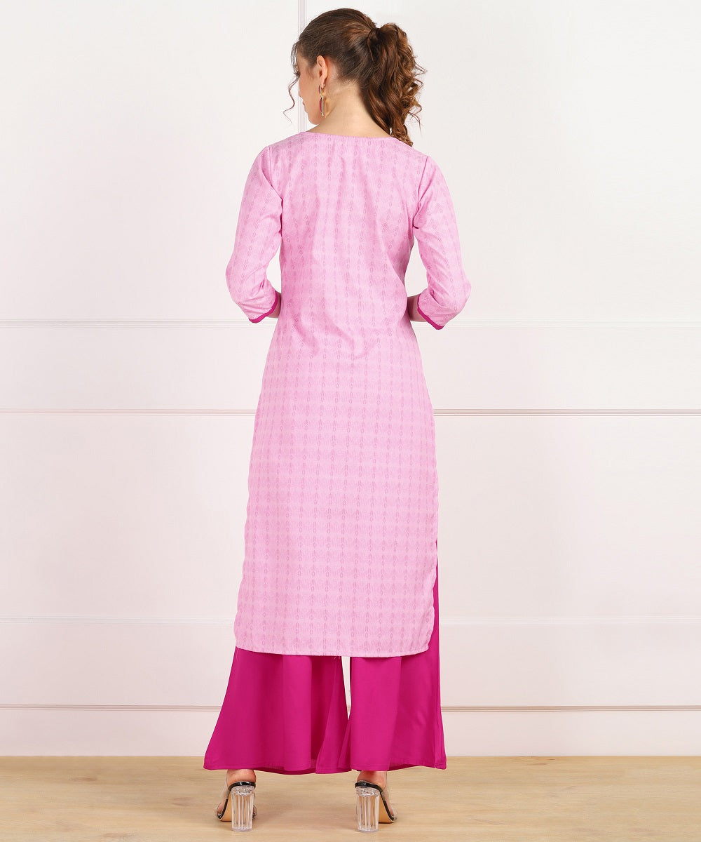 Cotton Self Woven Straight Kurta with HandWork - Pink