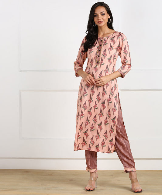 Rayon Muslin Blend Floral Print Kurta Pant Set - Peach