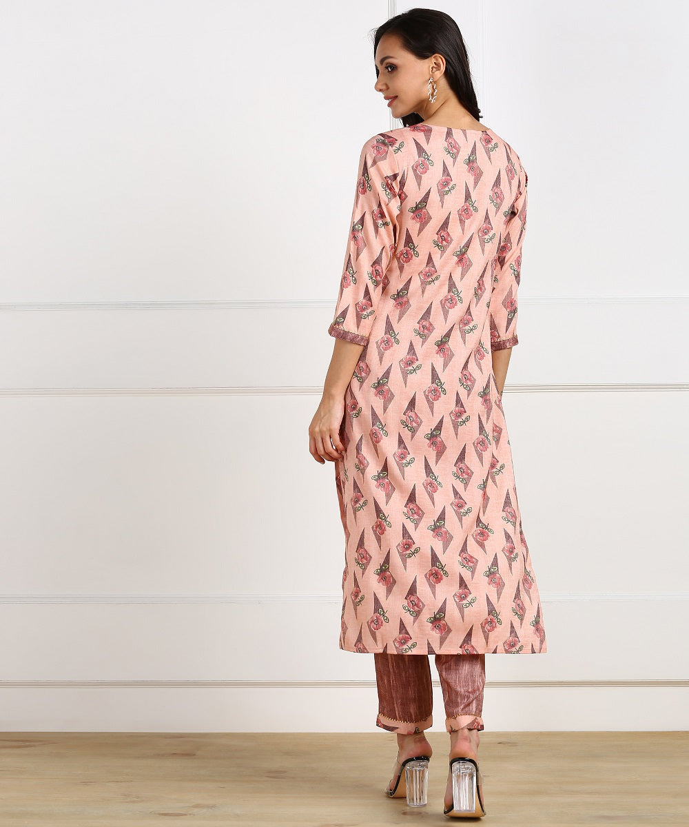 Rayon Muslin Blend Floral Print Kurta Pant Set - Peach