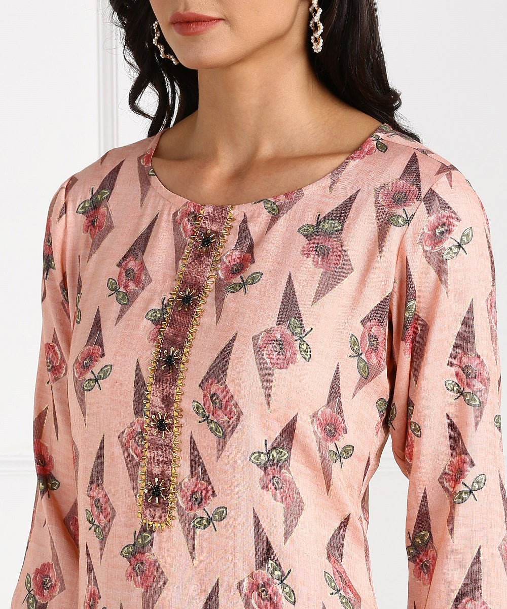 Rayon Muslin Blend Floral Print Kurta Pant Set - Peach