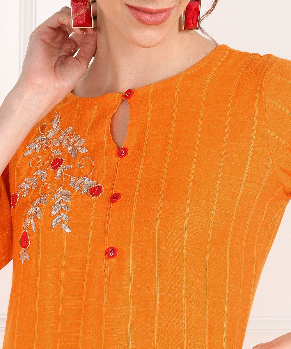 Rayon Self Woven Striped Kurta with Hand Embroidery - Mustard