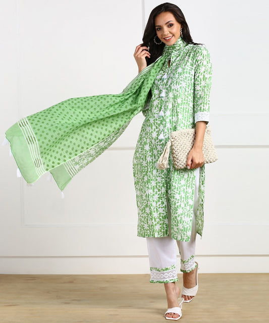 Cotton Floral Print Laced Kurta, Palazzo, Dupatta Set - Green