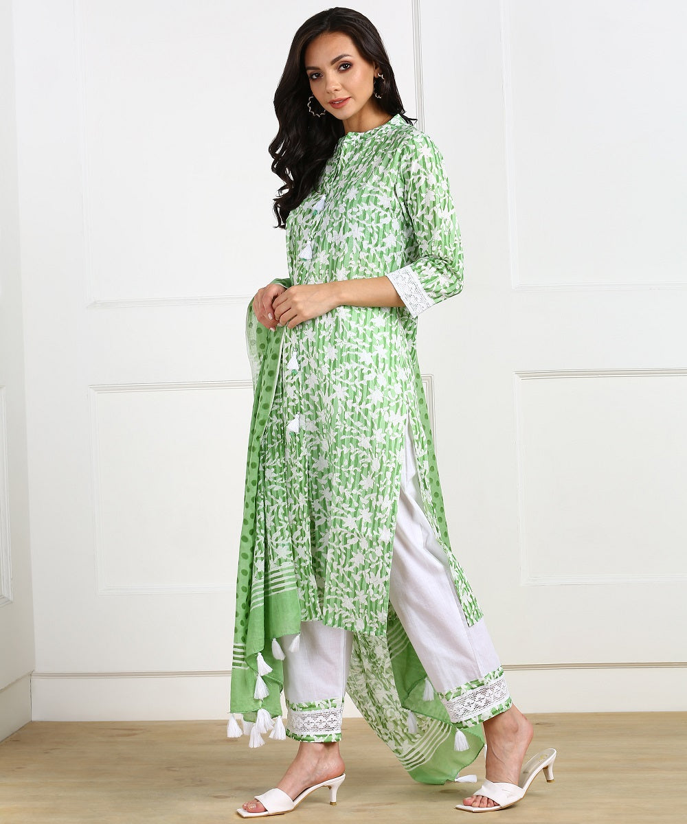 Cotton Floral Print Laced Kurta, Palazzo, Dupatta Set - Green