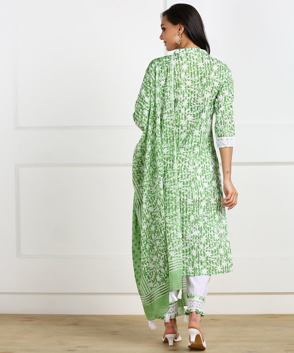 Cotton Floral Print Laced Kurta, Palazzo, Dupatta Set - Green