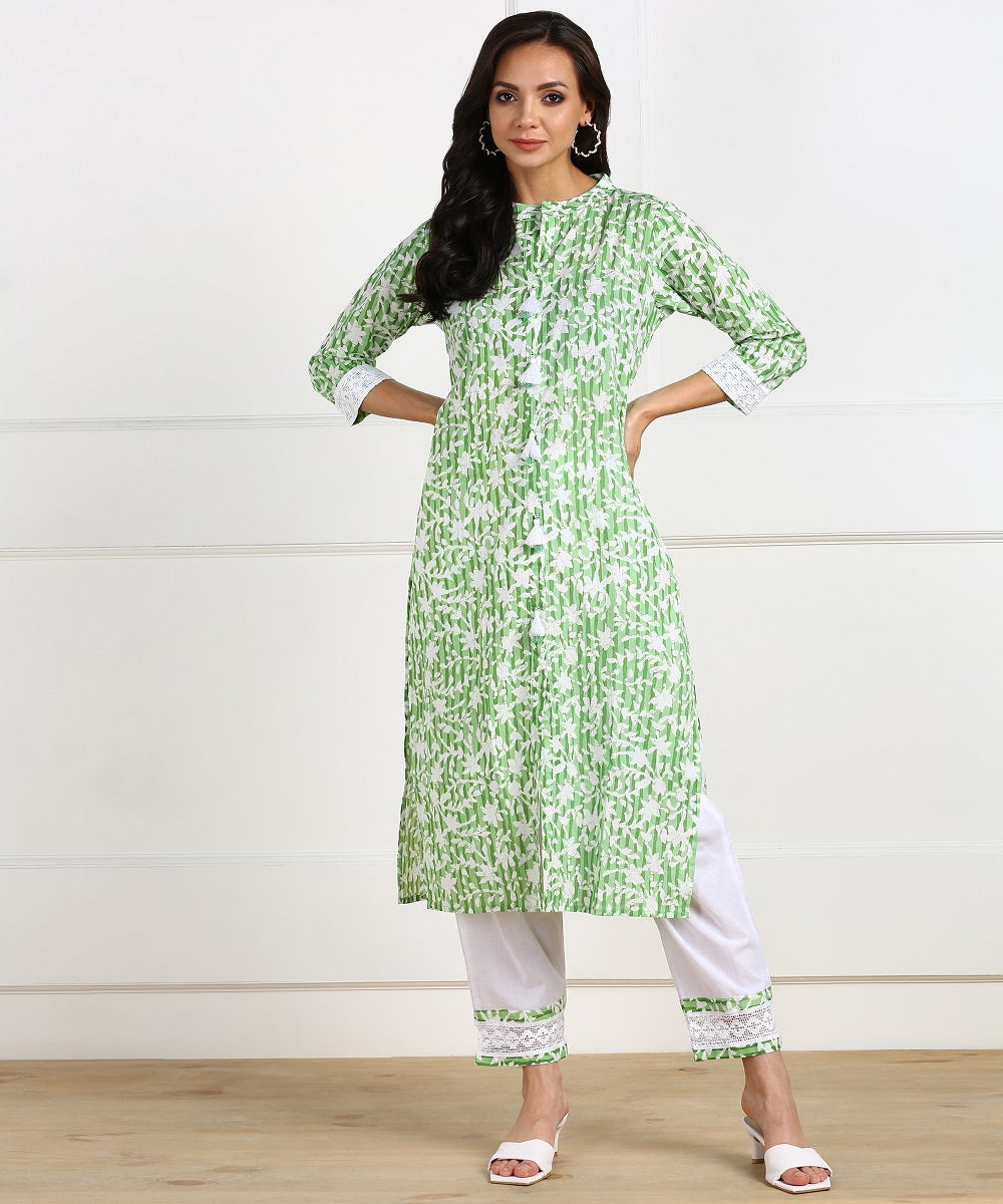Cotton Floral Print Laced Kurta, Palazzo, Dupatta Set - Green