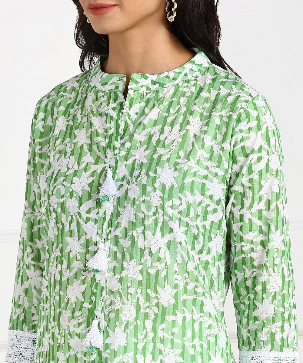 Cotton Floral Print Laced Kurta, Palazzo, Dupatta Set - Green