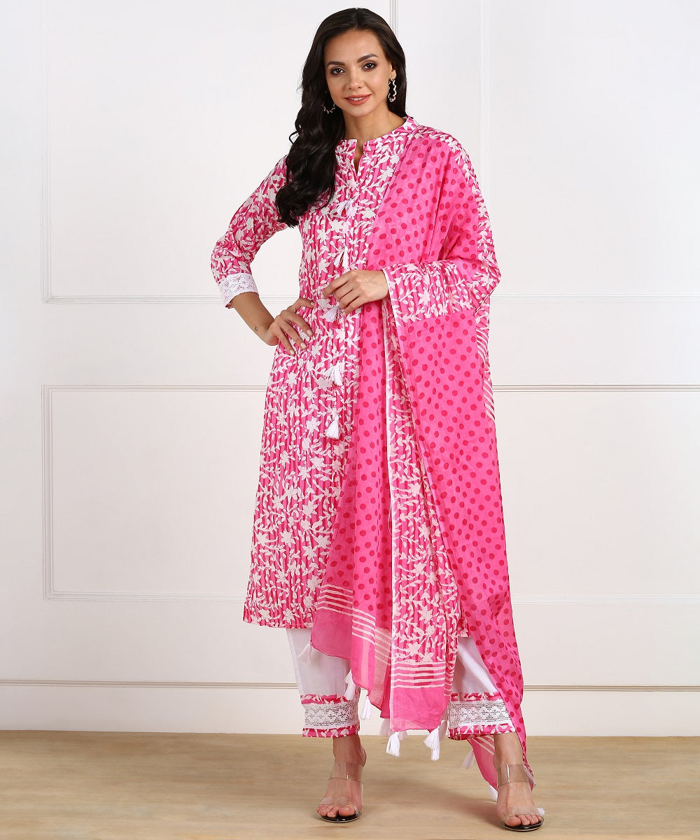 Cotton Floral Print Laced Kurta, Palazzo, Dupatta Set - Pink