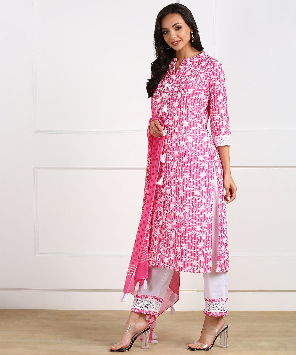 Cotton Floral Print Laced Kurta, Palazzo, Dupatta Set - Pink