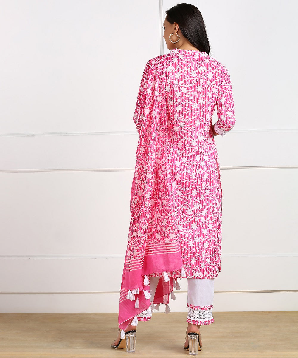 Cotton Floral Print Laced Kurta, Palazzo, Dupatta Set - Pink