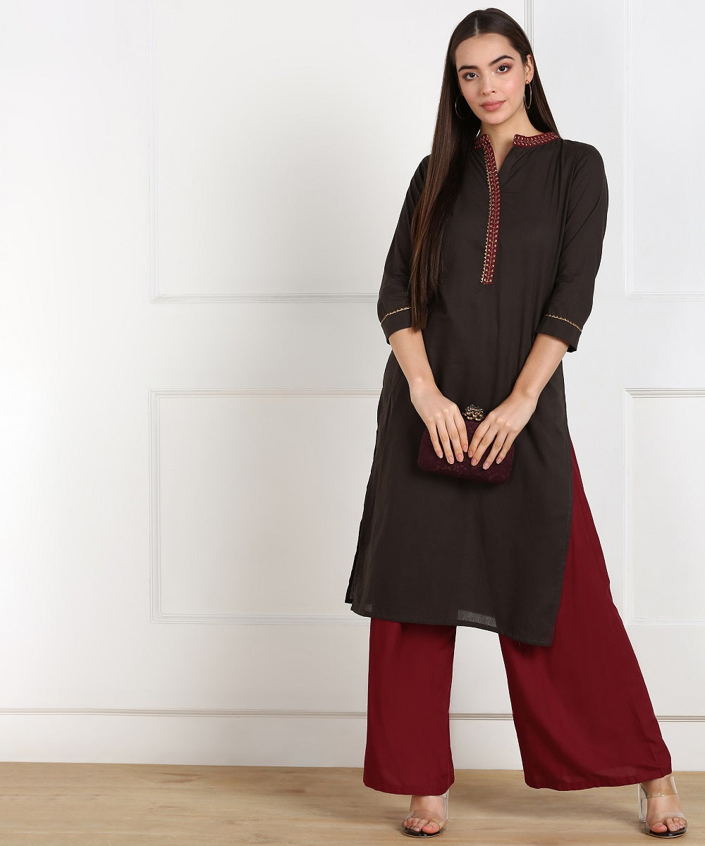 Cotton Solid Minimal Embroidered Straight Kurta - Brown