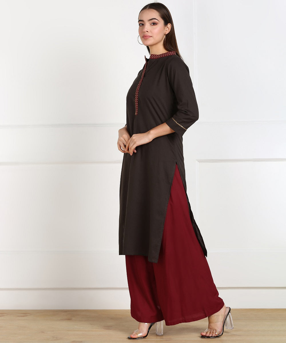 Cotton Solid Minimal Embroidered Straight Kurta - Brown