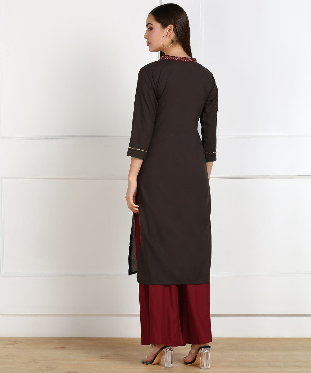 Cotton Solid Minimal Embroidered Straight Kurta - Brown