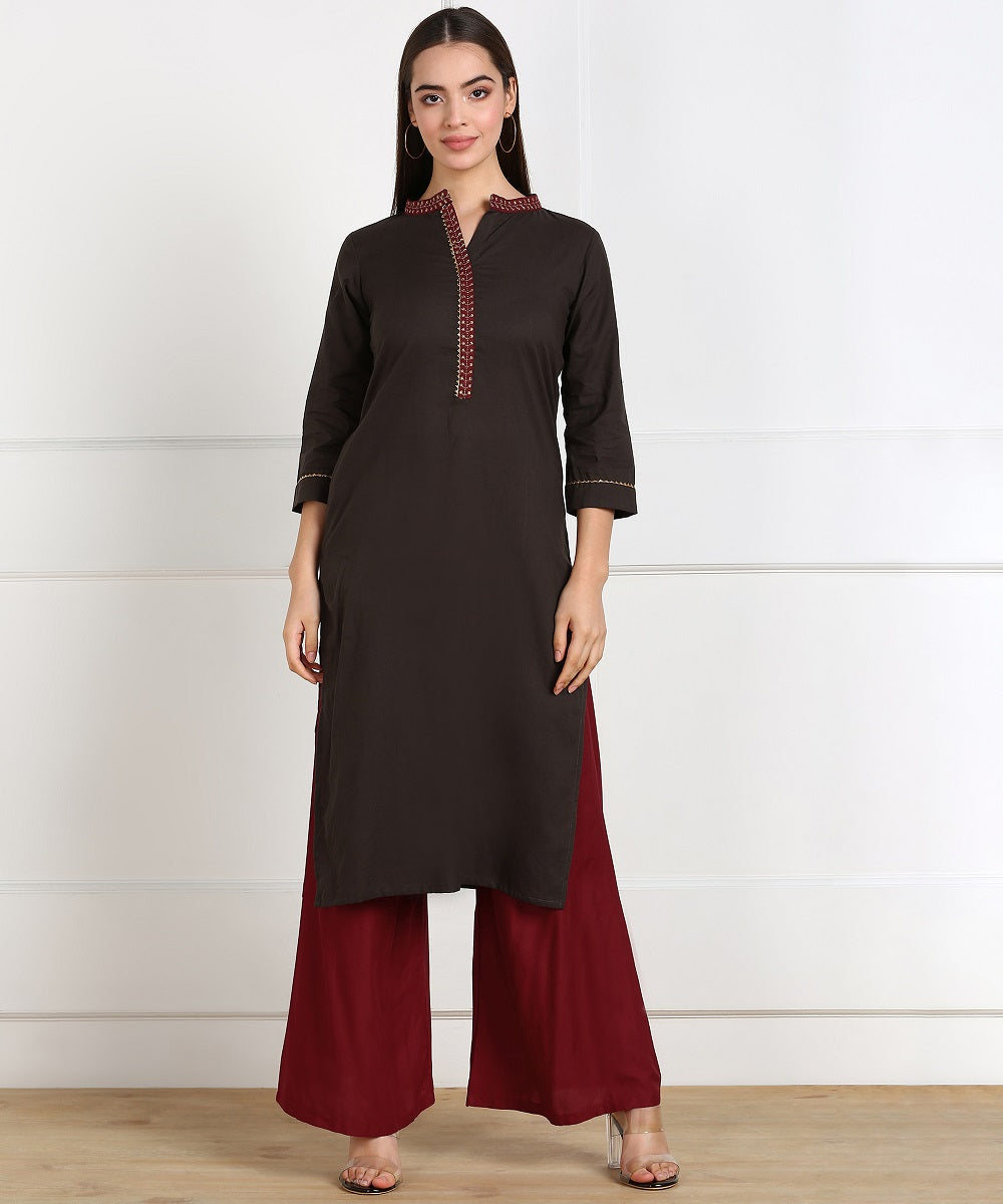 Cotton Solid Minimal Embroidered Straight Kurta - Brown