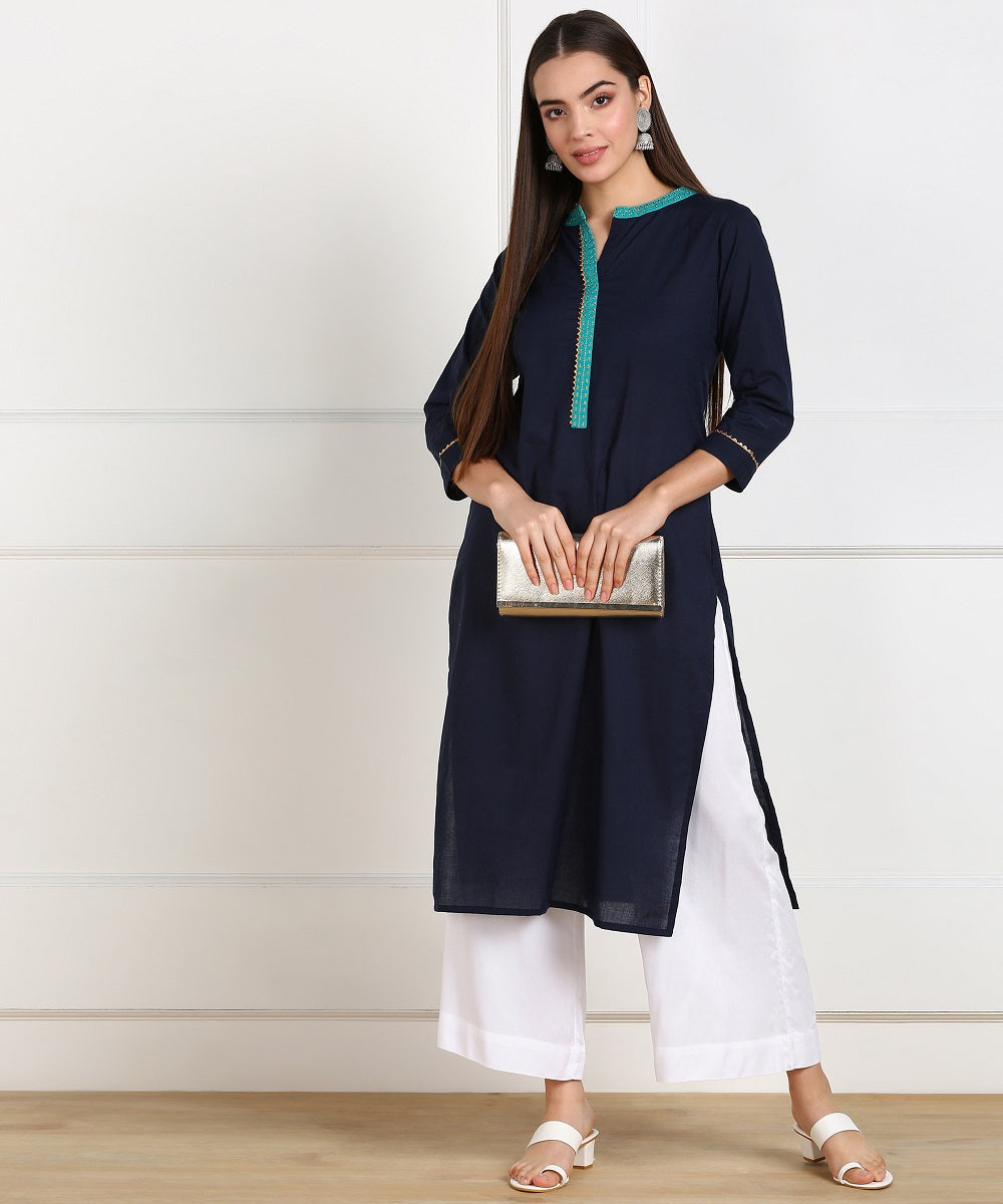 Cotton Solid Minimal Embroidered Straight Kurta - Navy Blue