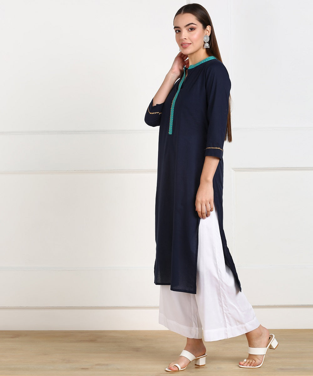 Cotton Solid Minimal Embroidered Straight Kurta - Navy Blue