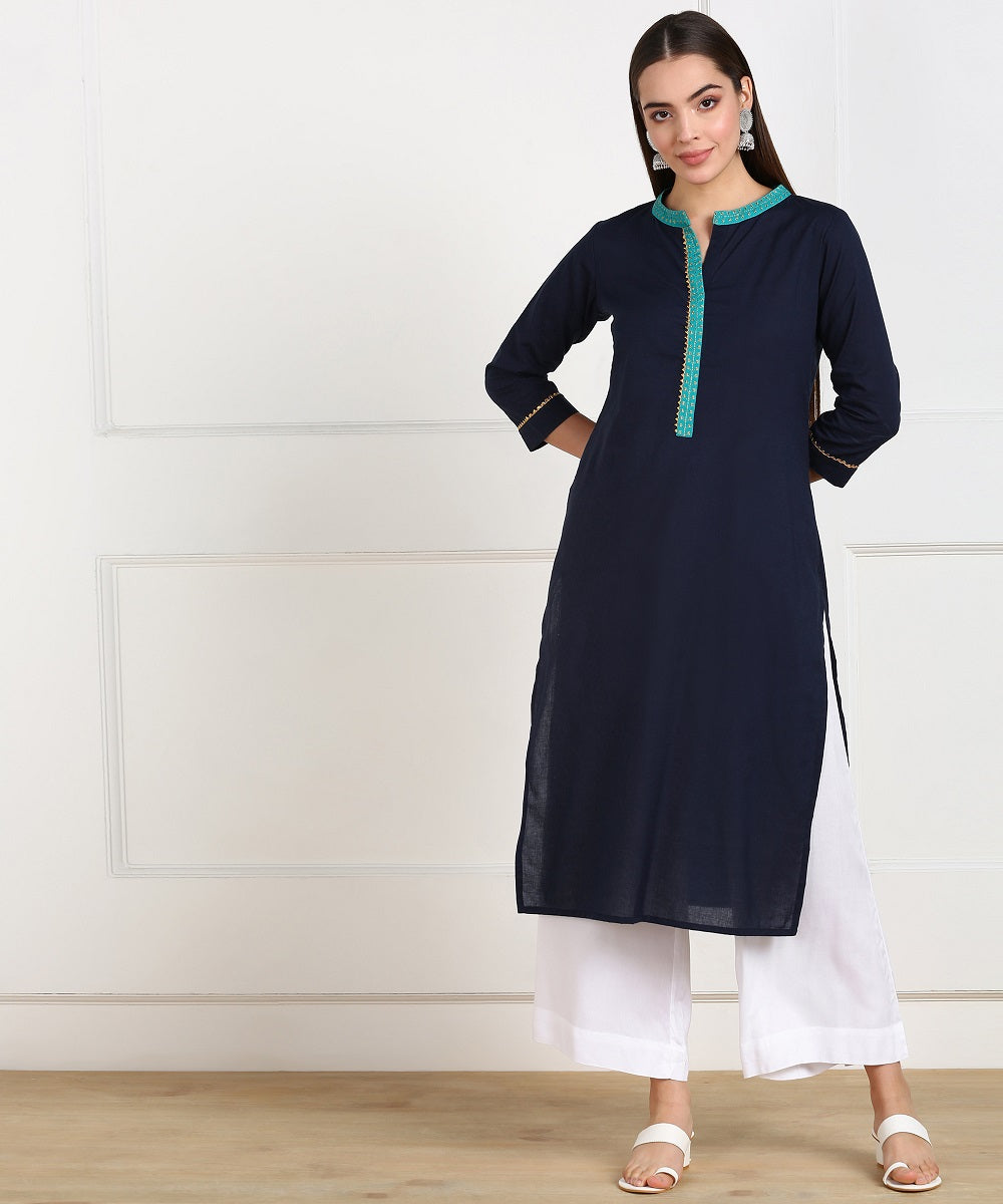 Cotton Solid Minimal Embroidered Straight Kurta - Navy Blue