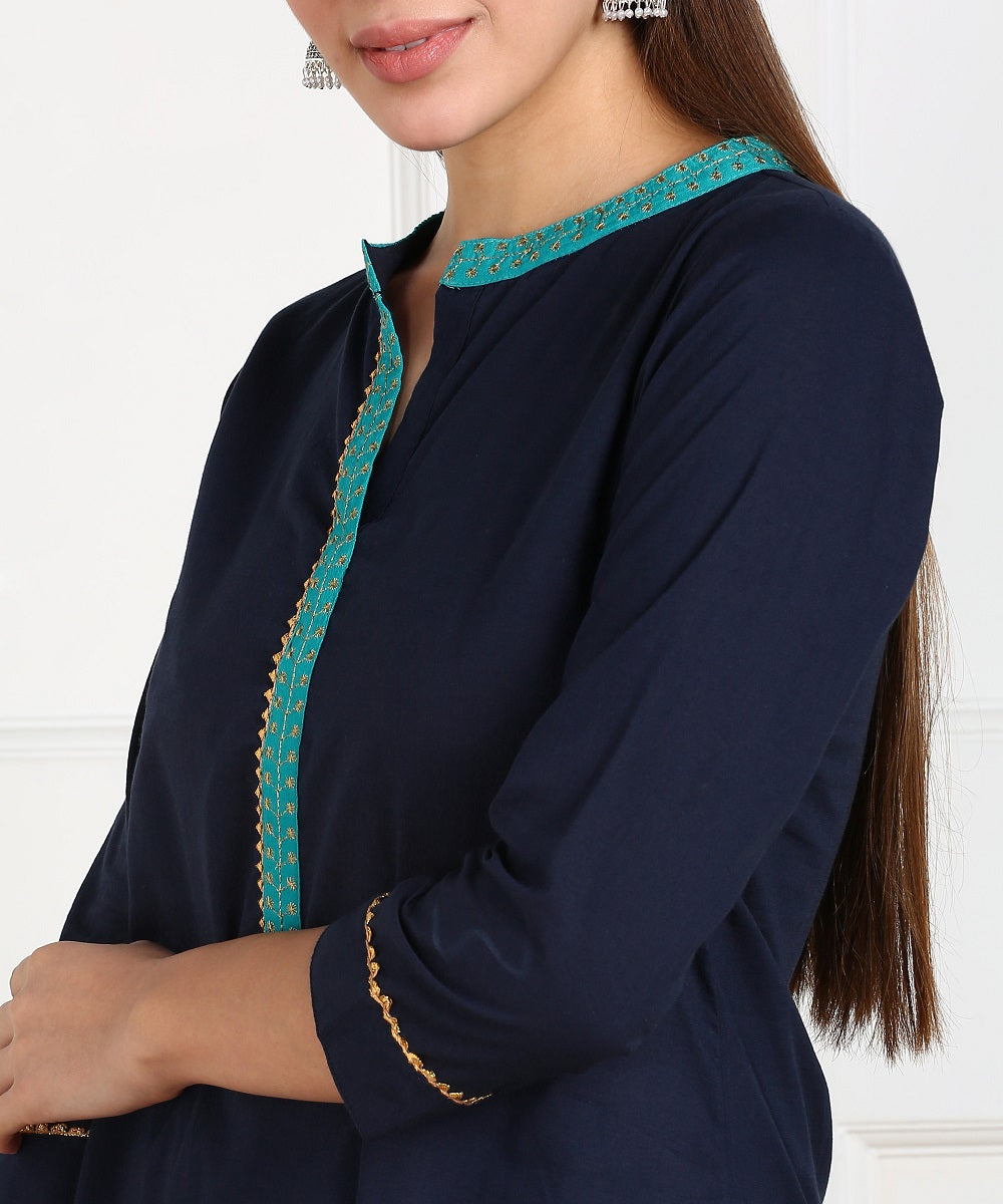 Cotton Solid Minimal Embroidered Straight Kurta - Navy Blue