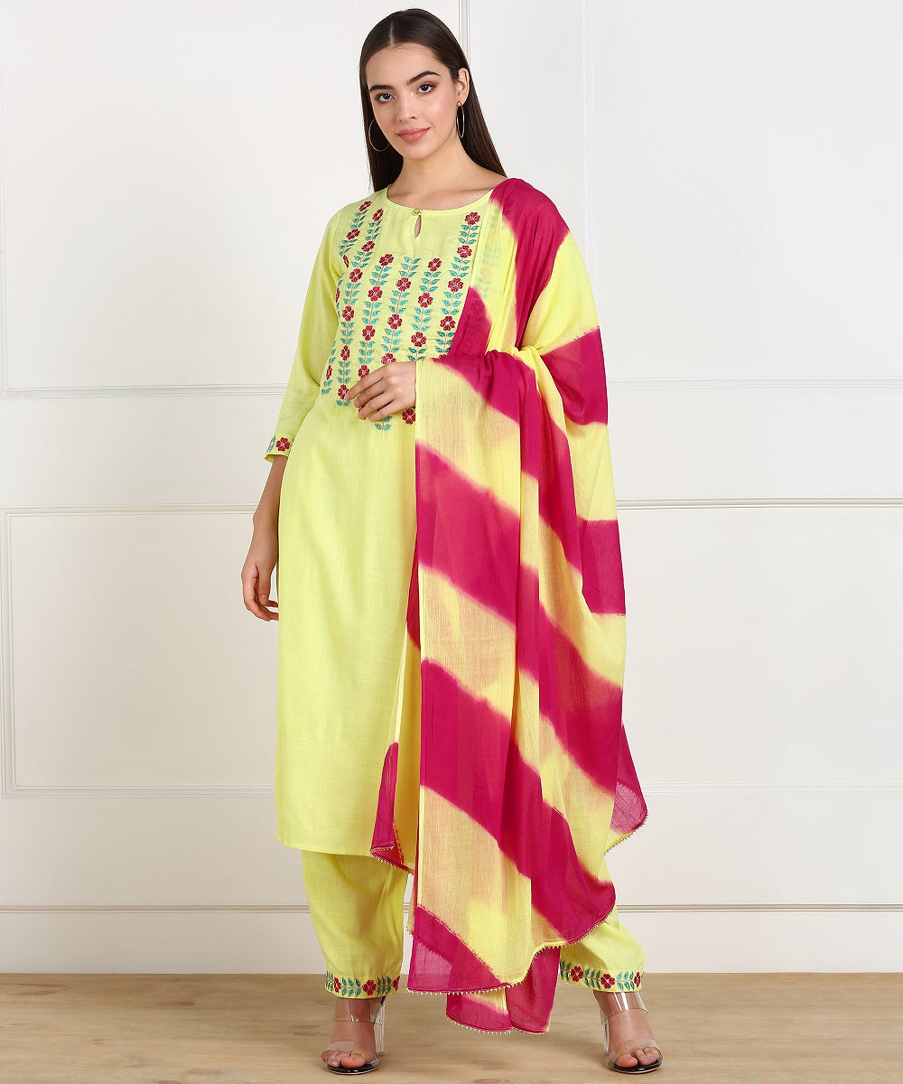 Rayon Slub Thread Embroidered Kurta, Pant, Dupatta Set - Lemon Yellow