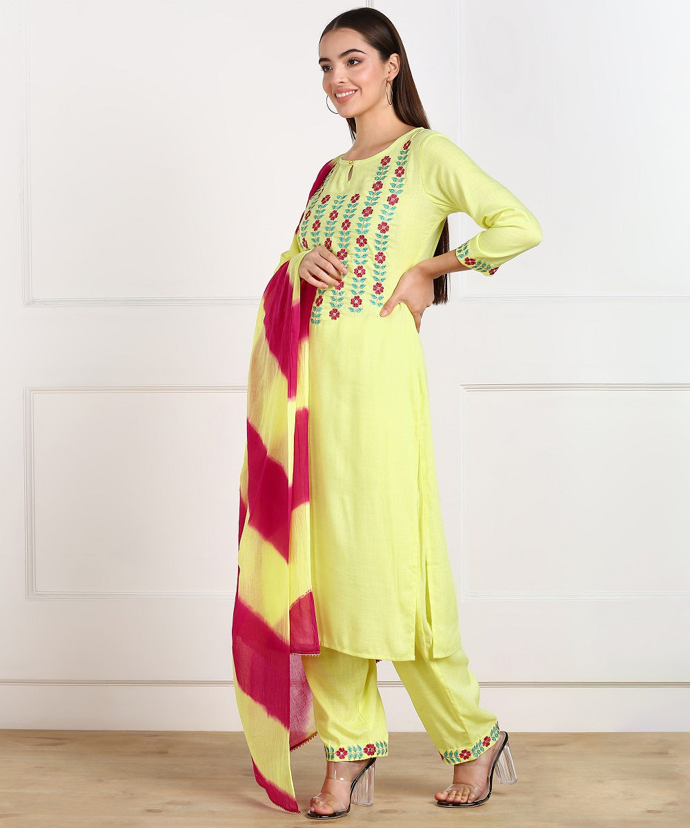 Rayon Slub Thread Embroidered Kurta, Pant, Dupatta Set - Lemon Yellow