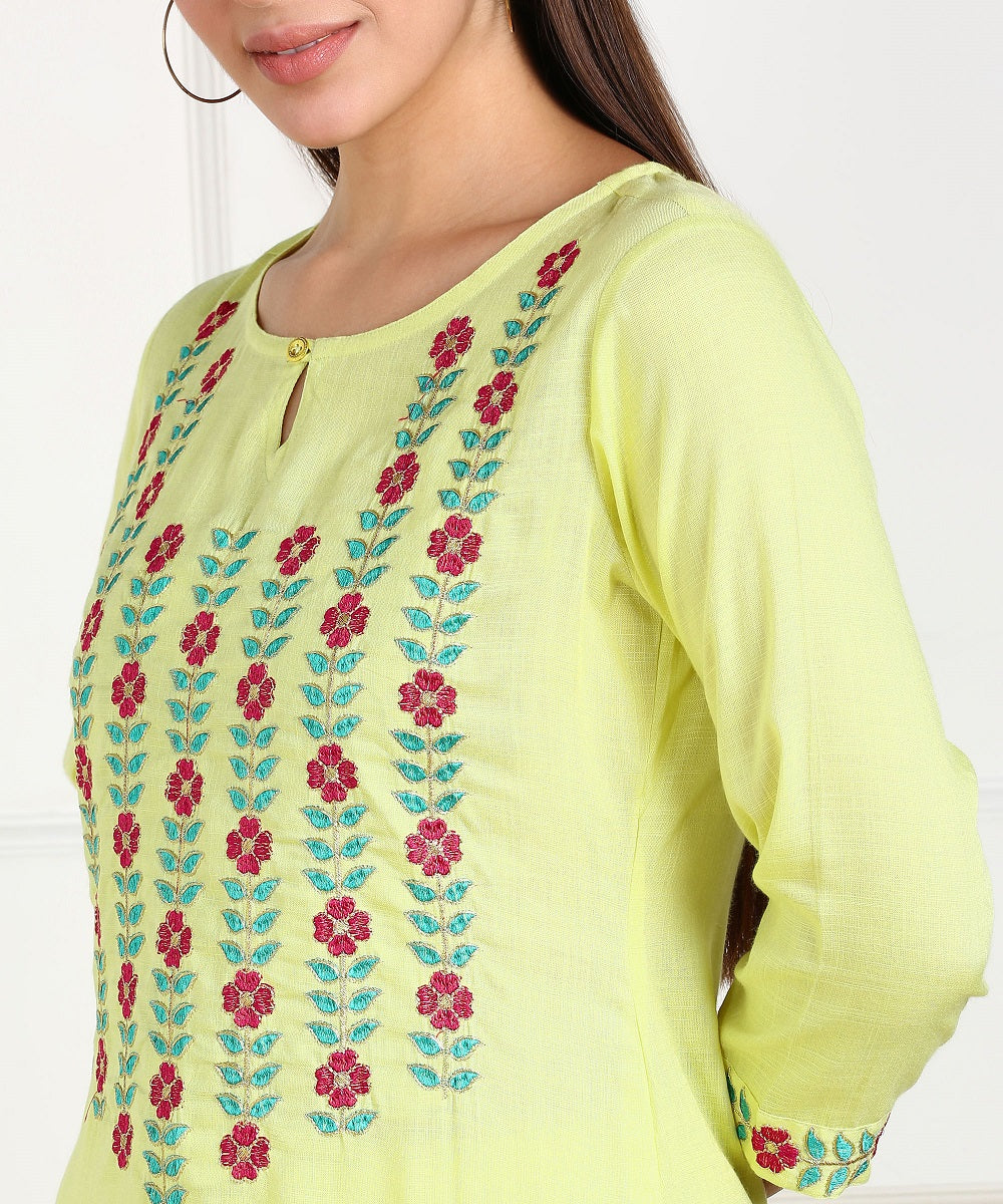 Rayon Slub Thread Embroidered Kurta, Pant, Dupatta Set - Lemon Yellow