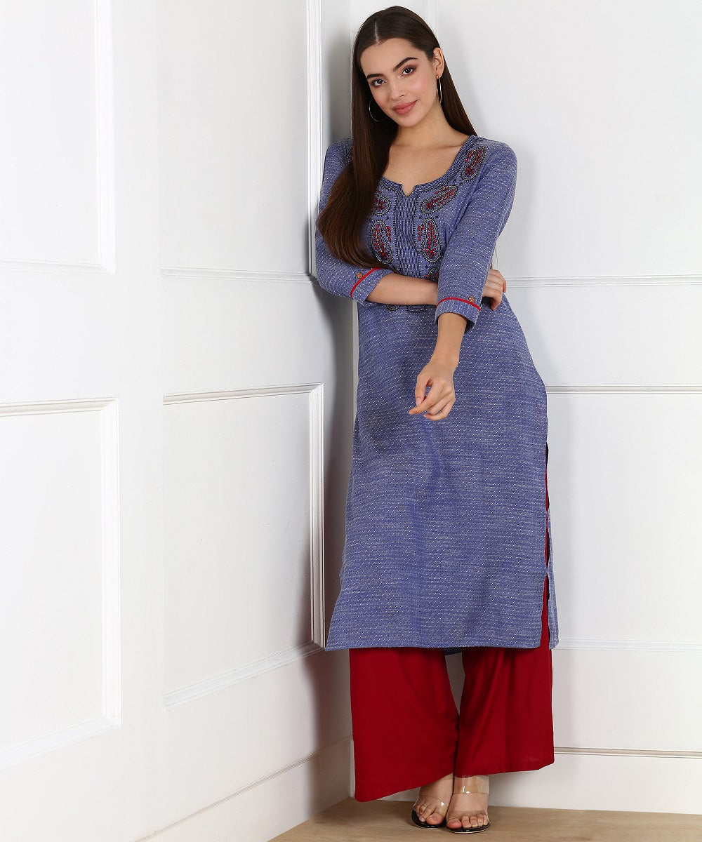 Cotton Self Woven Embroidered Straight Kurta - Blue