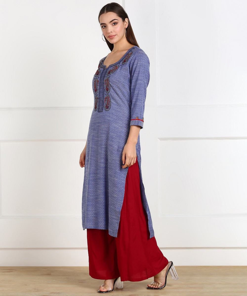 Cotton Self Woven Embroidered Straight Kurta - Blue