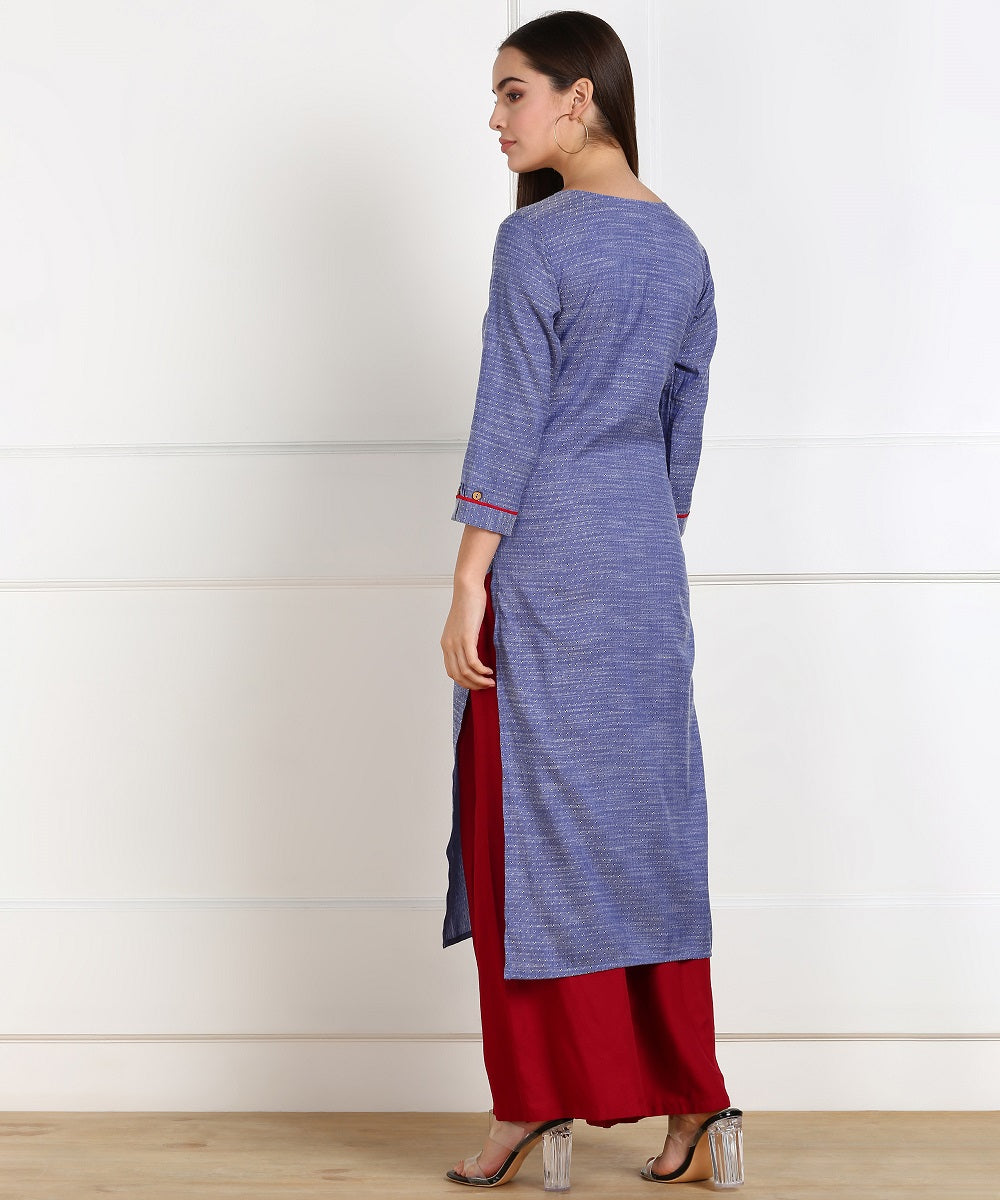 Cotton Self Woven Embroidered Straight Kurta - Blue