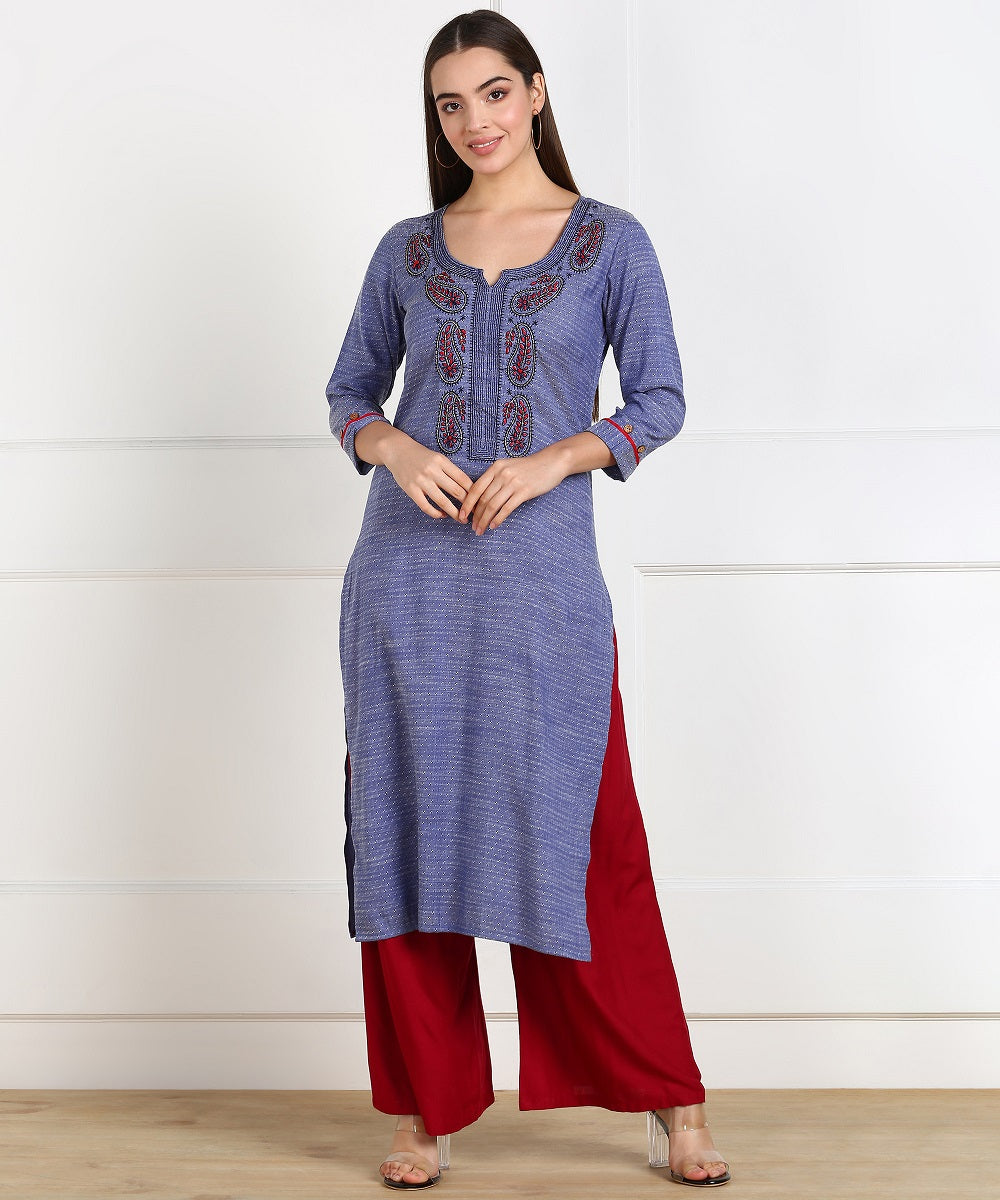 Cotton Self Woven Embroidered Straight Kurta - Blue