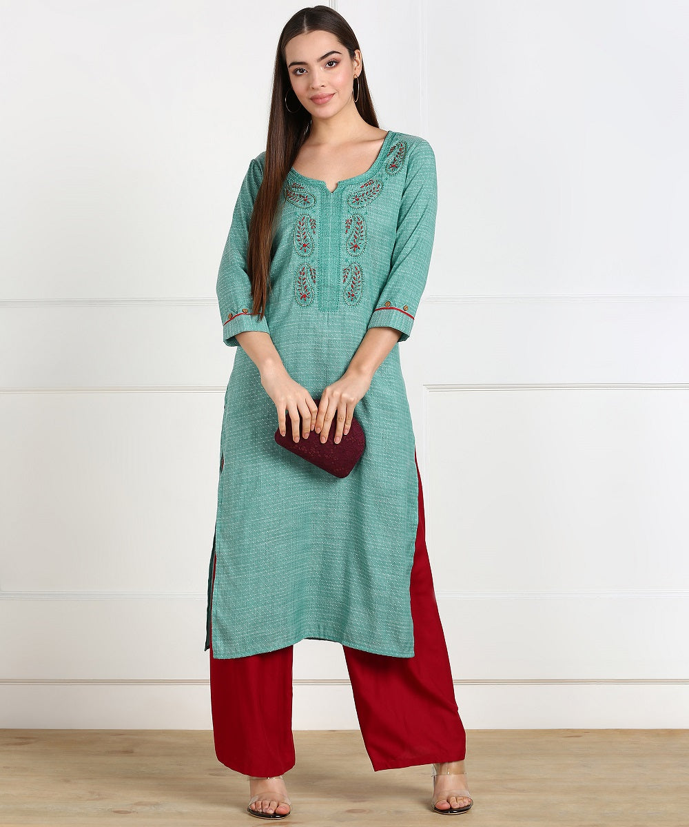 Cotton Self Woven Embroidered Straight Kurta - Green