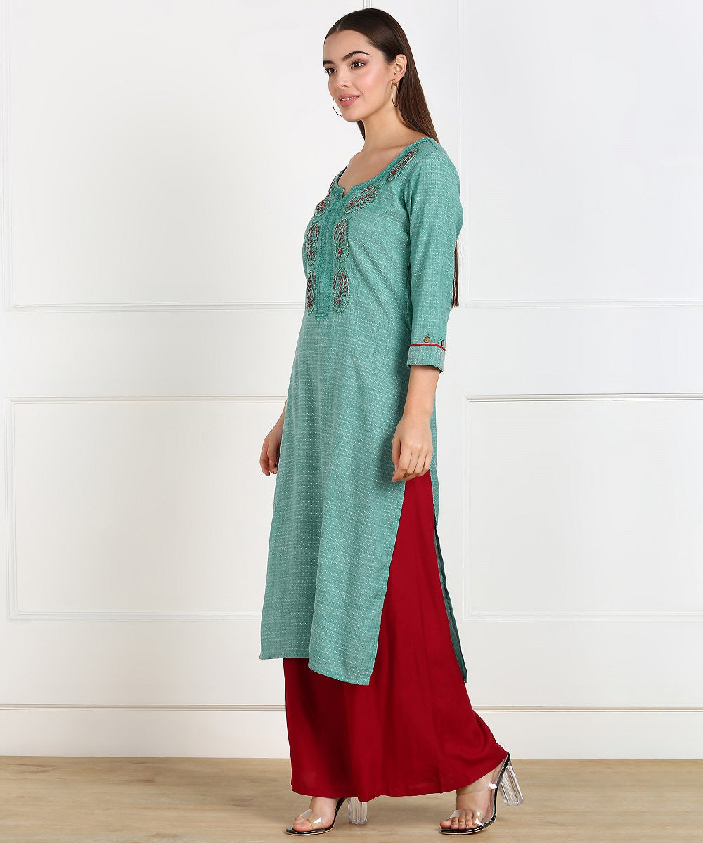 Cotton Self Woven Embroidered Straight Kurta - Green