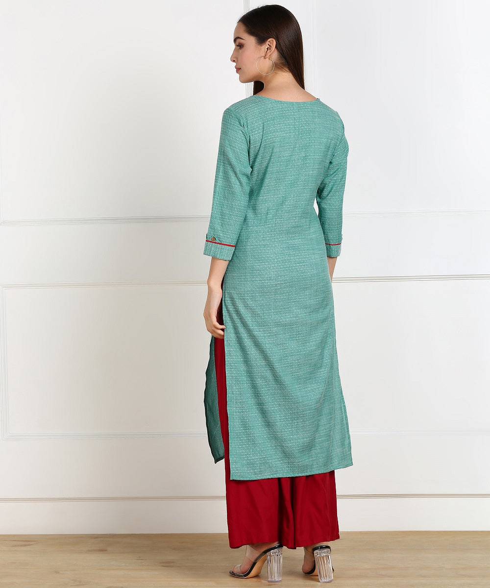 Cotton Self Woven Embroidered Straight Kurta - Green