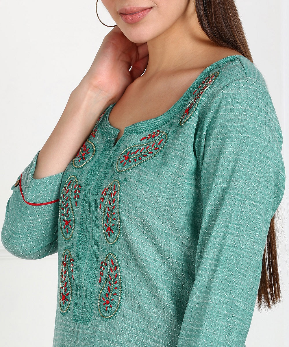 Cotton Self Woven Embroidered Straight Kurta - Green