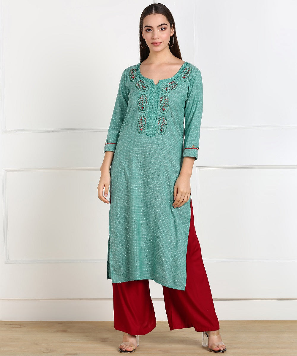 Cotton Self Woven Embroidered Straight Kurta - Green