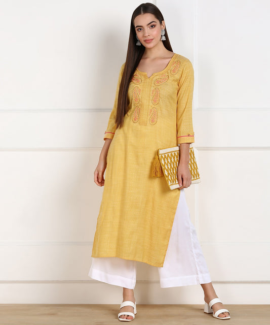 Cotton Self Woven Embroidered Straight Kurta - Yellow