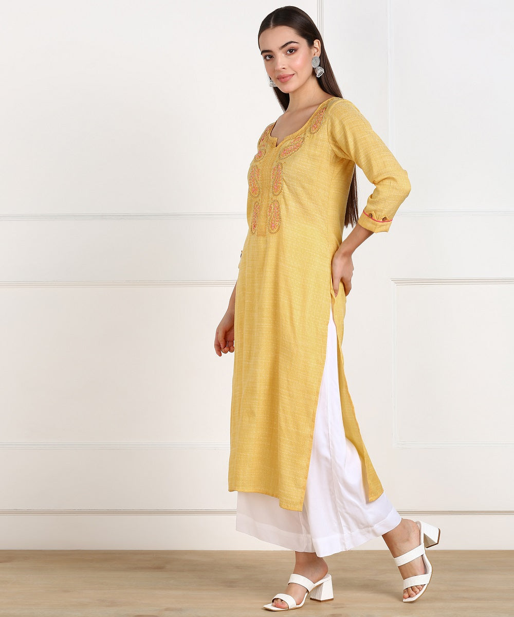 Cotton Self Woven Embroidered Straight Kurta - Yellow