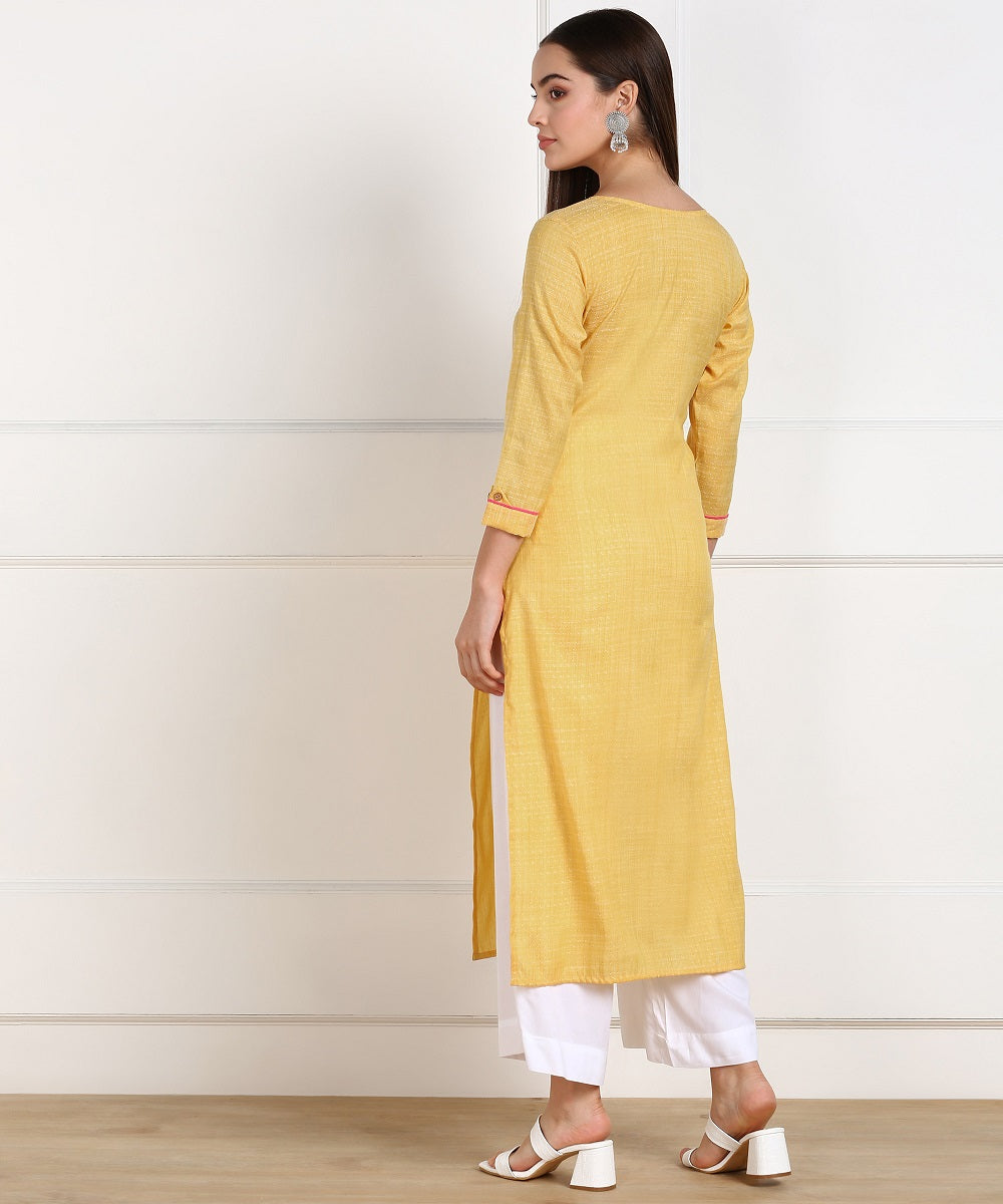 Cotton Self Woven Embroidered Straight Kurta - Yellow