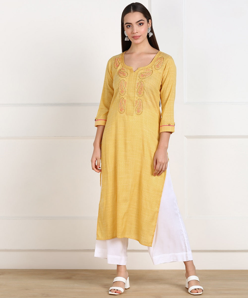 Cotton Self Woven Embroidered Straight Kurta - Yellow