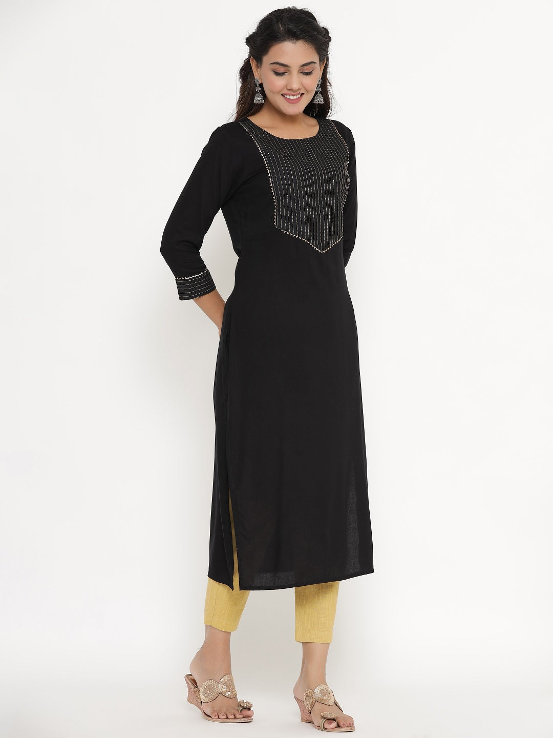Rayon Zari Quilted Yoke Straight Kurta - Black