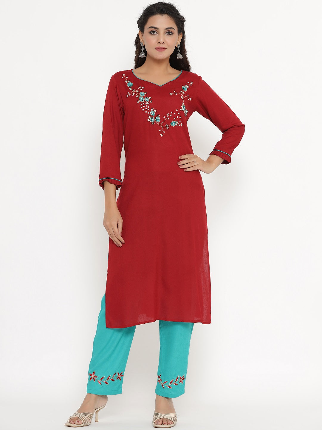 Hand Embroidered Kurta and Pant Set - Maroon