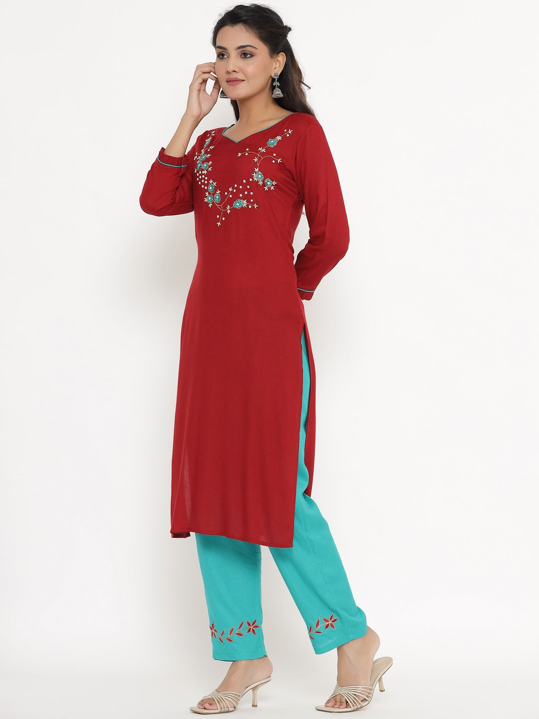 Hand Embroidered Kurta and Pant Set - Maroon