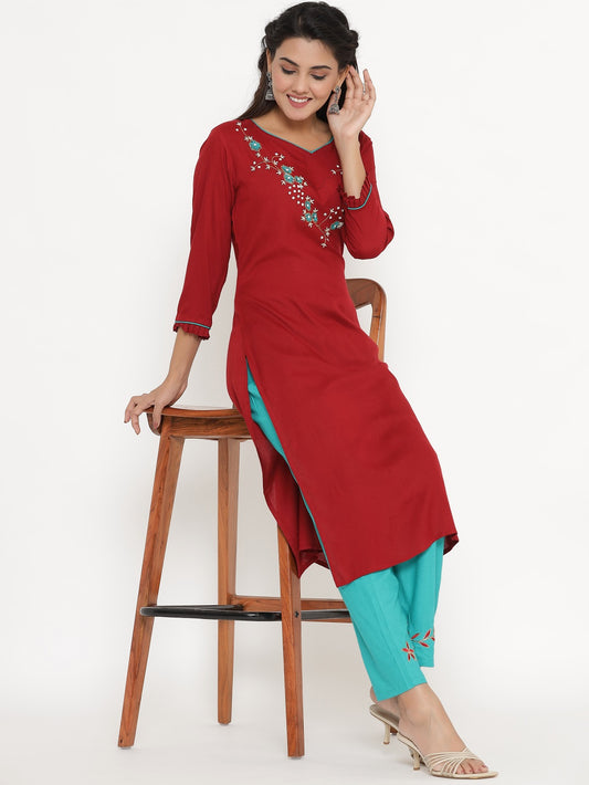 Hand Embroidered Kurta and Pant Set - Maroon