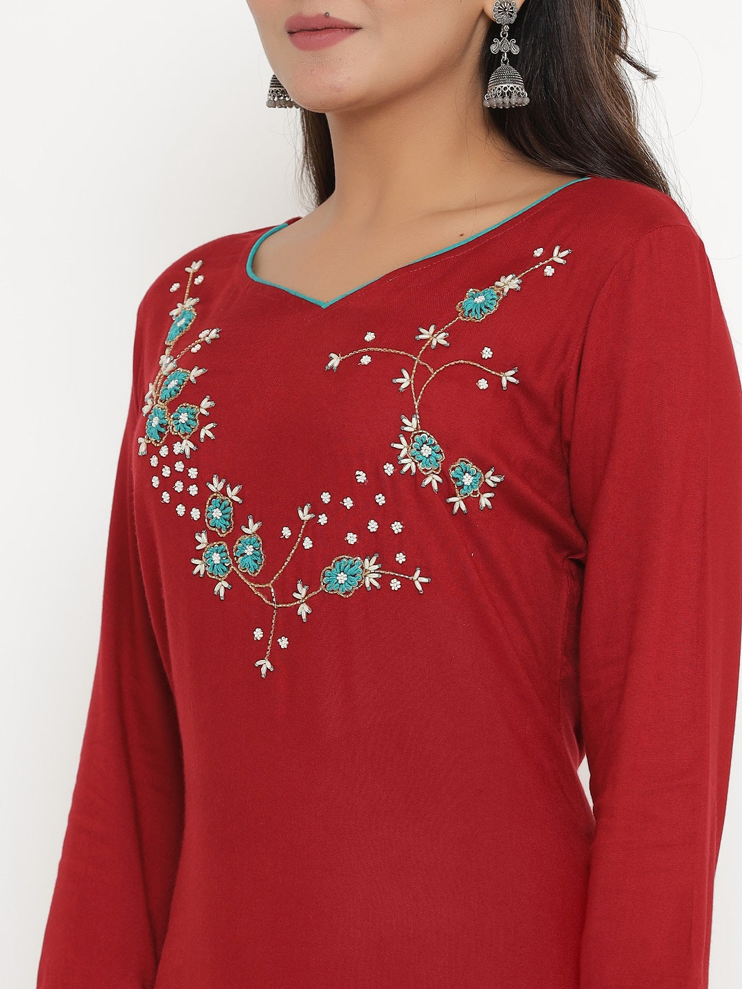 Hand Embroidered Kurta and Pant Set - Maroon
