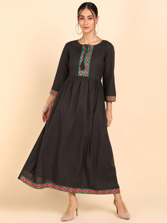 Cotton Embroidered Solid Gathered Waist Maxi Dress - Brown