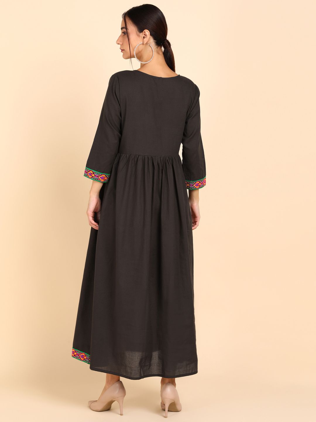 Cotton Embroidered Solid Gathered Waist Maxi Dress - Brown