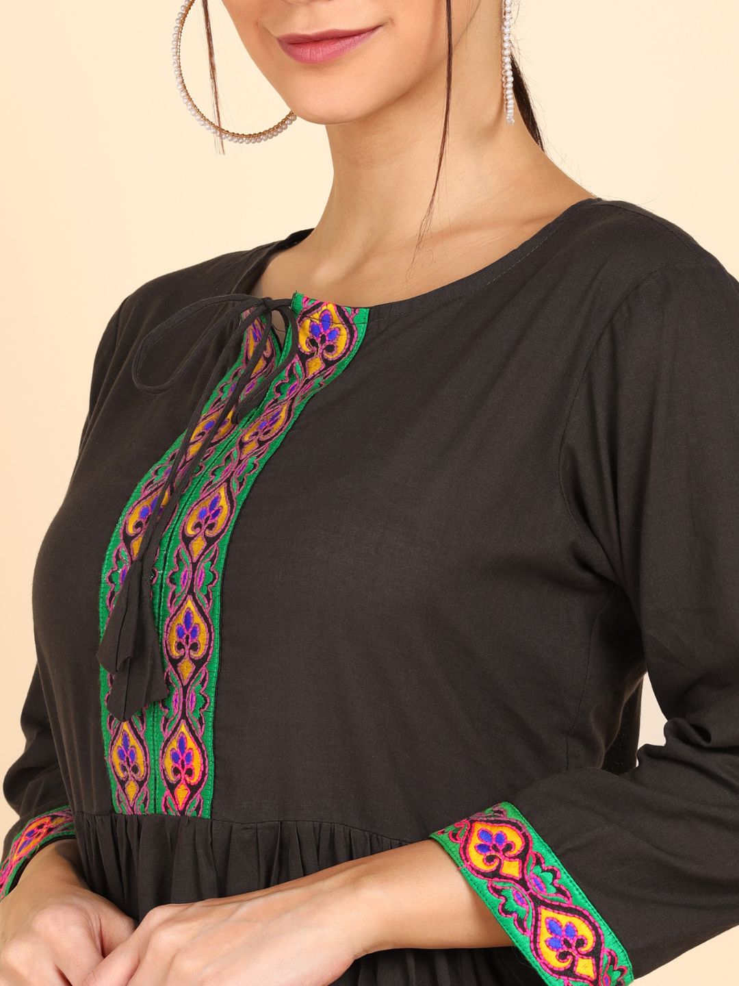 Cotton Embroidered Solid Gathered Waist Maxi Dress - Brown